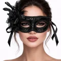 BUĞZ Siyah Venedik Parti Maskesi – Çiçekli Tüylü Payetli