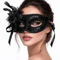 BUĞZ Siyah Venedik Parti Maskesi – Çiçekli Tüylü Payetli