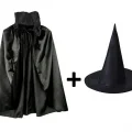  Siyah Yakalı Pelerin ve Siyah Cadı Şapkası Seti Çocuk Boy