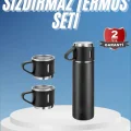 BUĞZ Termos Paslanmaz Çelik Termos Siyah Renk 3 Bardaklı Termos Seti