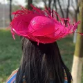 BUĞZ Tropikal Parti Pembe Fuşya Hasır Hawaii Şapkası 13x36 Cm