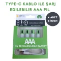 BUĞZ Type-C ile Şarjolabilen 4 lü AAA 1.5V Lityum İnce Şarjlı Kalem Pil 750 mAH Uzun Ömürlü