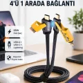 BUĞZ USB-C USB-A 4’ü 1 Arada Örgülü Kablo 65W Hızlı Şarj Metal Uç Dayanıklı