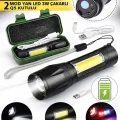 BUĞZ USB Şarjlı Zoomlu Mini El Feneri 3 Mod Yan COB LED Çakar Q5 Güçlü Işık Kutulu