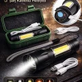 BUĞZ USB Şarjlı Zoomlu Mini El Feneri Q5 Güçlü Işık Yan COB LED SOS Mod Kutulu Şarj Kablolu Set