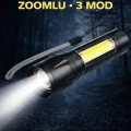 BUĞZ USB Şarjlı Zoomlu Mini El Feneri Q5 Güçlü Işık Yan COB LED SOS Mod Kutulu Taşınabilir