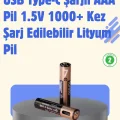 BUĞZ USB Type-C Şarjlı AAA Lityum Pil 1000+ Şarj Döngüsü ile Uzun Ömür