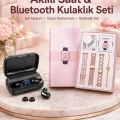 BUĞZ Wireless Şarjlı Pembe Akıllı Saat ve Kablosuz Bluetooth Kulaklık Dokunmatik Kontrol