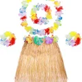 BUĞZ Yetişkin Çocuk Hawaii Parti Seti - 40 Cm Naturel Etek + Çiçek Aksesuarlar (5 Parça) - Lisinya