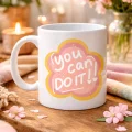 BUĞZ You Can Do It Yazılı Porselen Kupa MODEL 126 – Motive Edici Mesajlı, Çiçek Tasarımlı, Pozitif Enerji Veren Hediye Kupası