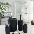 BUĞZ Yuvarlak Siyah 5 Parça Banyo Seti Çöp Kovası Fırça Sabunluk Diş Fırçalık Aksesuar
