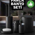 BUĞZ Yuvarlak Siyah 5 Parça Banyo Seti Çöp Kovası Fırça Sabunluk Diş Fırçalık Aksesuar