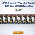BUĞZ ZMAX Energy 9W LED Ampul E27 Duy 6500K Beyaz Işık 720 Lümen 60W Eşdeğer Enerji Tasarruflu 10 Adet