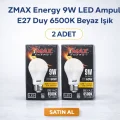 BUĞZ ZMAX Energy 9W LED Ampul E27 Duy 6500K Beyaz Işık 720 Lümen 60W Eşdeğer Enerji Tasarruflu 2 Adet