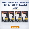 BUĞZ ZMAX Energy 9W LED Ampul E27 Duy 6500K Beyaz Işık 720 Lümen 60W Eşdeğer Enerji Tasarruflu 4 Adet
