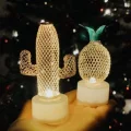 Lamba 2li Metal Ananas Ve Kaktüs Model Mini Gece Ve Masa Dekor Lambası Pilli