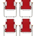 Genel Ürün Kırmızı Kamp Sandalyesi 4 Adet Ahşap Kollu Katlanır Sandalye - Kırmızı 4 Kişilik ve üstü 4lü