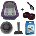 Genel Ürün Kedi Elekli Tuvalet Kabı Mor (5 Lt Kum + Kürek + 50 Cm Tırmalama + Yatak Ve Çiftli Mama Kabı Seti)