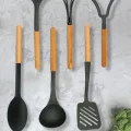 Genel Ürün 6lı Ahşap Saplı Plastik Kepçe Kevgir Kaşık Spatula Ezici Ve Çırpıcı Siyah Servis Seti Dp-ahş01