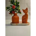Oyuncak Laurel-wood  3 Parça Oval Tabaklı,Minyatür Vazo,Kedi Figür Seti(VERNİKLİ)