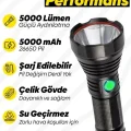 Genel Ürün Hs-044 Çelik 5000 Lümen 26650 Pil 5000 Mah Uzun Menzilli Şarjlı Kamp Için Süper Güçlü El Feneri