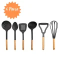 Genel Ürün 6lı Ahşap Saplı Plastik Kepçe Kevgir Kaşık Spatula Ezici Ve Çırpıcı Siyah Servis Seti Dp-ahş01