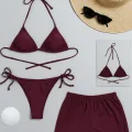 Kadın 3lü Set Bordo Şortlu ve Yandan Bağlamalı Bikini Mayo Takımı