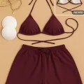 Kadın 3lü Set Bordo Şortlu ve Yandan Bağlamalı Bikini Mayo Takımı