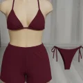Kadın 3lü Set Bordo Şortlu ve Yandan Bağlamalı Bikini Mayo Takımı