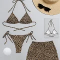 Kadın 3lü Set Leopar Desenli Şortlu ve Yandan Bağlamalı Bikini Mayo Takımı
