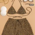 Kadın 3lü Set Leopar Desenli Şortlu ve Yandan Bağlamalı Bikini Mayo Takımı