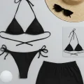 Kadın 3lü Set Siyah Şortlu ve Yandan Bağlamalı Bikini Mayo Takımı