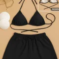 Kadın 3lü Set Siyah Şortlu ve Yandan Bağlamalı Bikini Mayo Takımı