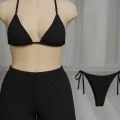 Kadın 3lü Set Siyah Şortlu ve Yandan Bağlamalı Bikini Mayo Takımı