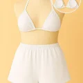 Kadın Beyaz Şortlu Belden ve Boyundan Bağlamalı Bikini Takımı
