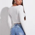 Kadın Beyaz Uzun Kollu Büzdürme Bağcık Detaylı Crop Top Bluz
