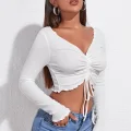 Kadın Beyaz Uzun Kollu Büzdürme Bağcık Detaylı Crop Top Bluz
