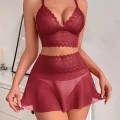 Kadın Bordo Dantel ve Tül Detaylı Etekli Şık Gecelik Takımı