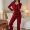 Kadın Bordo Fiyonklu İç Çamaşırı ve Uzun Kollu V Yaka Pijama Takımı 4lü Set