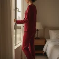 Kadın Bordo Fiyonklu İç Çamaşırı ve Uzun Kollu V Yaka Pijama Takımı 4lü Set