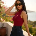 Kadın Bordo Kolsuz Balıkçı Yaka Basic Bluz