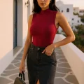 Kadın Bordo Kolsuz Balıkçı Yaka Basic Bluz