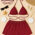 Kadın Bordo Şortlu Belden ve Boyundan Bağlamalı Bikini Takımı