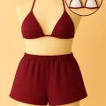 Kadın Bordo Şortlu Belden ve Boyundan Bağlamalı Bikini Takımı