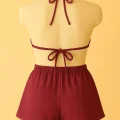 Kadın Bordo Şortlu Belden ve Boyundan Bağlamalı Bikini Takımı