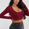 Kadın Bordo Uzun Kol Kare Yaka Crop Top Bluz
