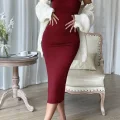 Kadın Bordo Yırtmaçlı Diz Altı Vücüdu Saran Gecelik