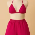 Kadın Fuşya Şortlu Belden ve Boyundan Bağlamalı Bikini Takımı
