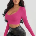 Kadın Fuşya Uzun Kol Kare Yaka Crop Top Bluz