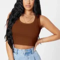Kadın Kahverengi Kare Yaka Crop Top Bluz